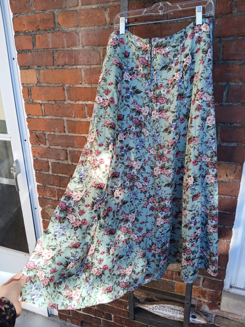 Floral Maxi Skirt in Sage Green with Pink Rose Print - Picture 3 of 6